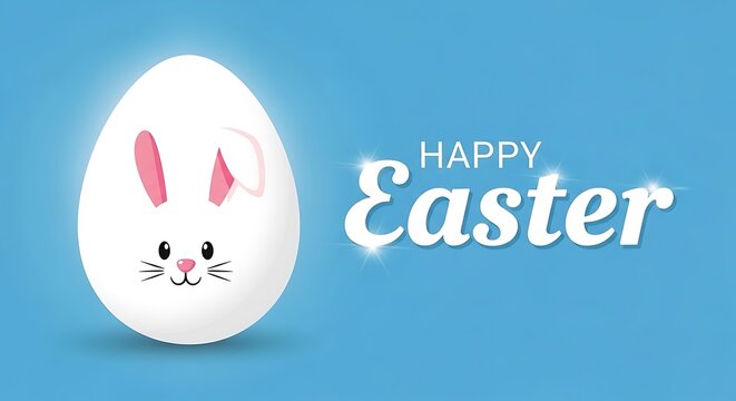 A white easter egg with a bunny face and happy easter text on blue background