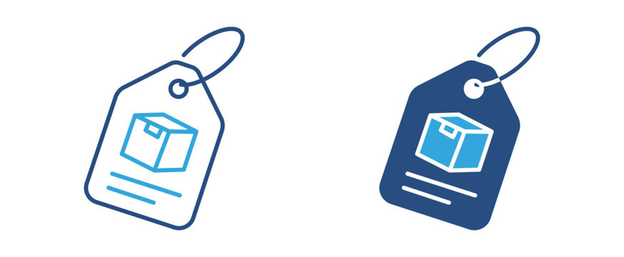 Product price tag icon set. Label tag with package box icon, retail product labeling and ecommerce pricing concept. Vector illustration.