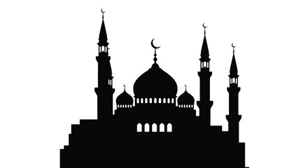 A striking silhouette showcases a beautiful mosque with minarets and crescent moons against a blank backdrop high quality professional © Nupur02