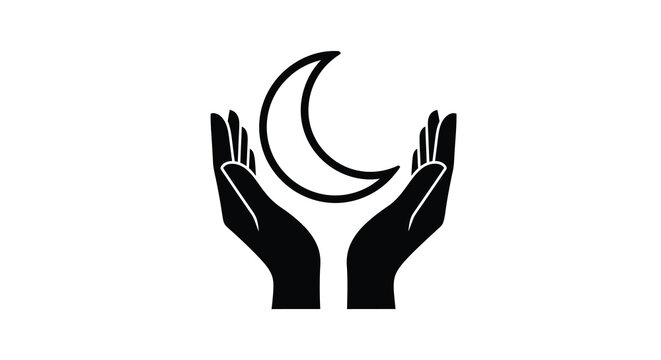A minimalist depiction showcases two dark hands gently cradling a crescent moon symbolizing protection and serenity high quality professional