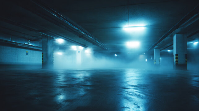 Underground parking garage featuring blue lighting and atmospheric mist. Wet floor reflecting light, creating a mysterious and deserted space