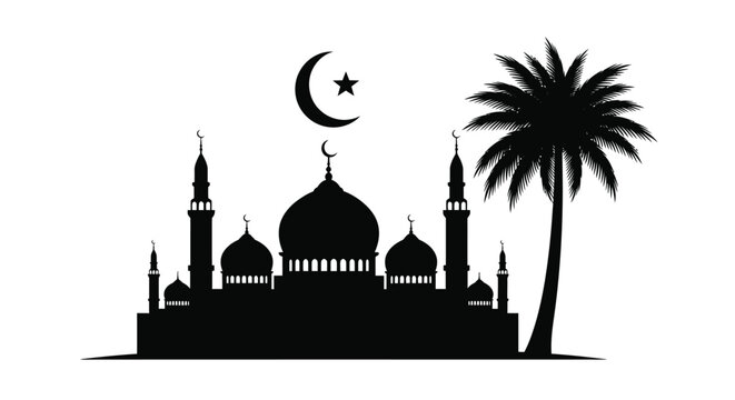 A striking black silhouette depicts an islamic mosque complex alongside a vibrant palm tree and crescent moon high quality