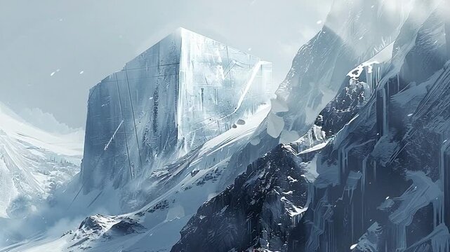 A massive ice monolith stands amidst snowy mountains, serene landscape illustration.