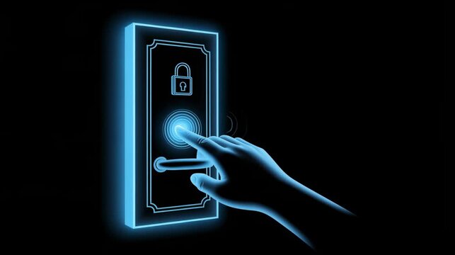 Hand interacting with holographic smart door lock panel icon 