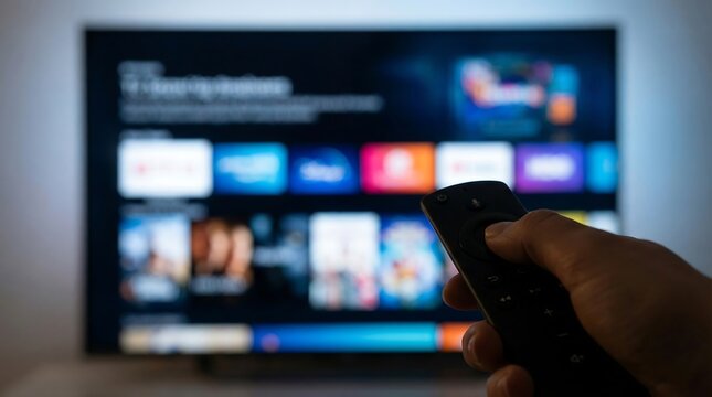 Hand operating remote control, navigating smart TV interface displaying streaming apps. Selecting digital content for modern home entertainment and media consumption at home