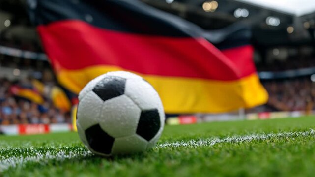soccer football on the pitch in stadium with german flag in background