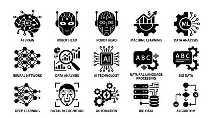 Collection of AI and machine learning icons depicting various technologies and concepts © elio