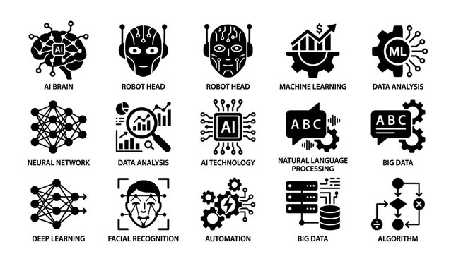 Collection of AI and machine learning icons depicting various technologies and concepts
