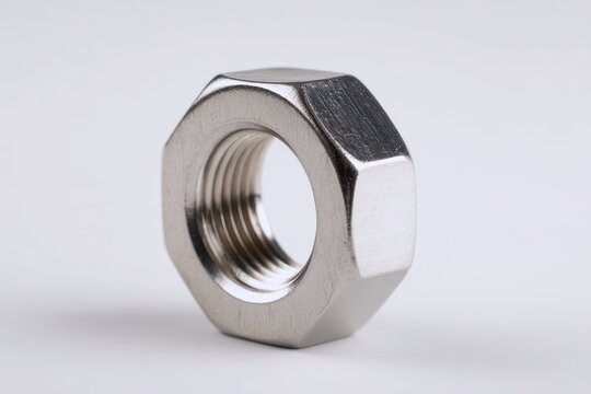 Macro close-up of a silver hex nut on a pristine white background