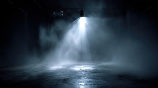 Dramatic stage scene with white smoke and a single bright spotlight