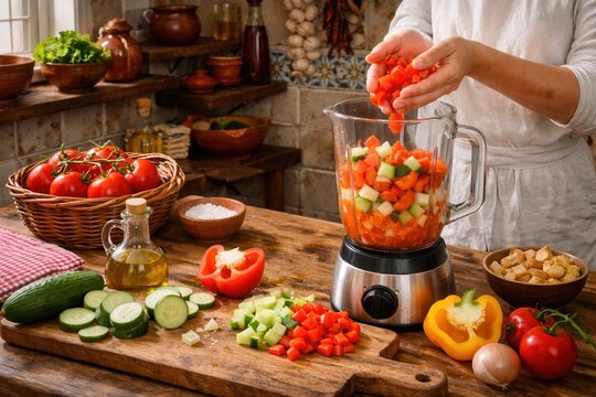 Vorbereitung von Gazpacho mit frischem Gem&uuml;se im Mixer querformat
Tomaten, Gurke und Paprika werden f&uuml;r spanisches Gazpacho in einem Mixer vorbereitet.