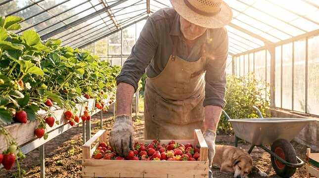 Hand holding ripe strawberry during harvest in greenhouse row