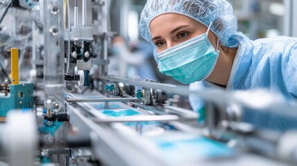 Factory worker inspecting automated production line for sterile medical bandages and protective masks made from non-woven materials in modern healthcare manufacturing facility