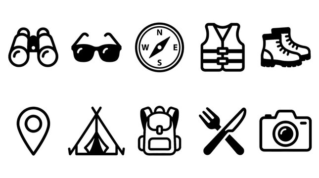 Outdoor adventure and camping icons set in black outline style