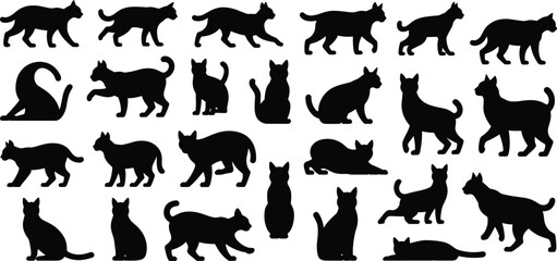 Black cat silhouette collection, domestic feline pose set bundle, isolated pet animal shapes, walking sitting stretching lying vector © Mahamudul Creatives