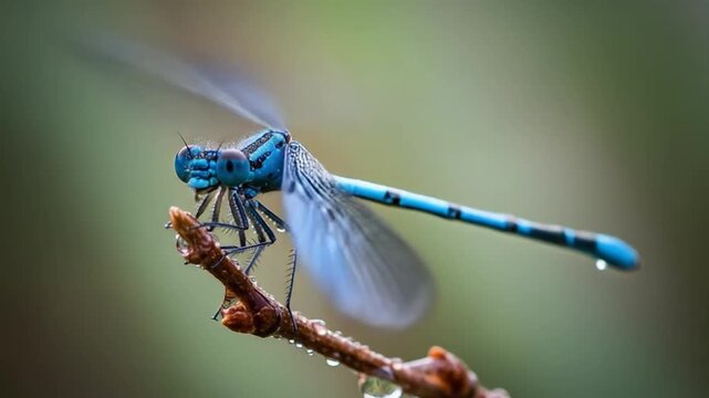 Close up of a vibrant blue dragonfly resting on a delicate twig