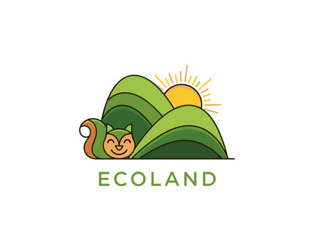 Nature Scene with Squirrel and Mountains, Ecoland Concept, Bright Sunshine, Illustrative Style