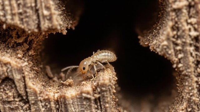 Close up of a termite exiting a dark hole in a wooden surface