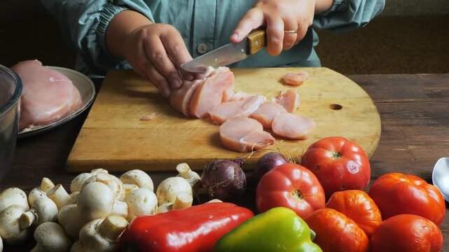 A woman's hands slice a crinot fillet on a cutting board on a table. Medium shot.