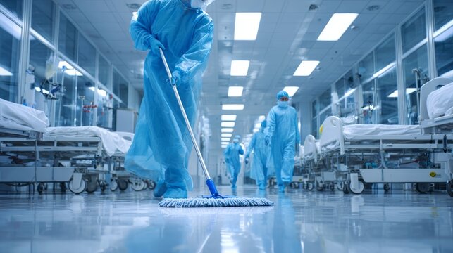 Hospital cleaning staff disinfecting sterile floor with mop in bright white ward, medical beds in background, professional hygiene and sanitation practices in modern healthcare facility