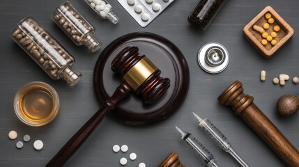 Medical law and healthcare compliance concept showing judge authority with pharmacy and legal elements symbolizing regulations, ethics, and professional standards in healthcare industry