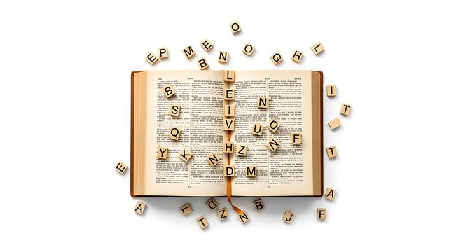 Open book with letters and keys scattered around.