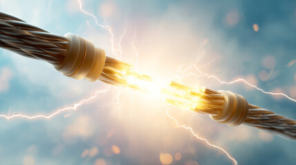 Electrical wires connecting with a powerful spark and light, symbolizing energy, crisis, problem, solution or breakthrough