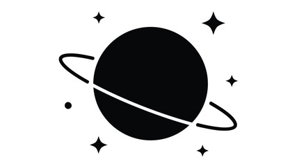 Simple black silhouette of saturn with rings and surrounding stars on white © Saidul_Studio1984