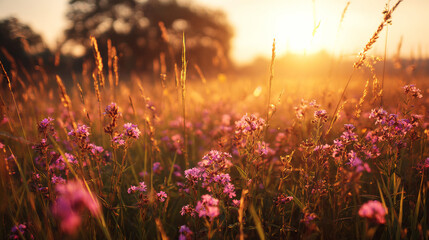 Fototapeta na wymiar Wildflower meadow at golden hour, pink flowers blooming in warm sun rays, soft focus vibrant nature