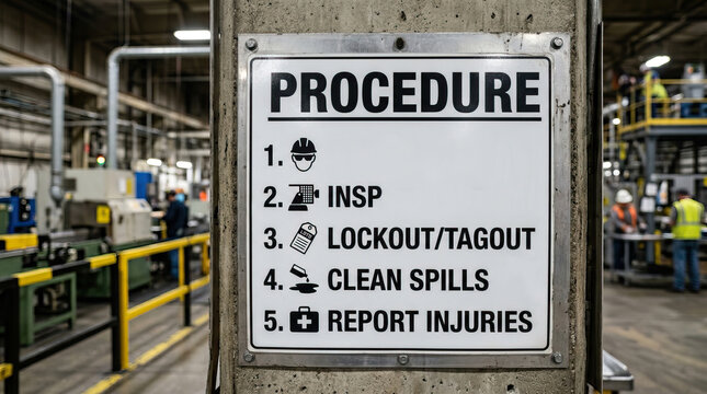 Procedure sign in industrial factory with safety instructions for inspection, lockout tagout, cleaning spills, and reporting injuries, showing workers and machinery in background