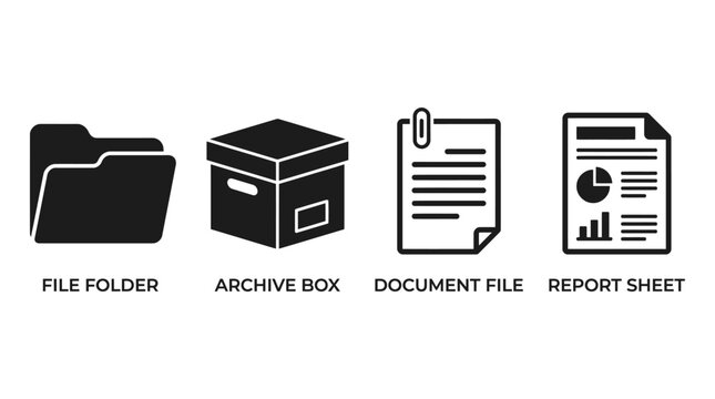 Collection of office storage items including file folder, archive box, document file, and report sheet