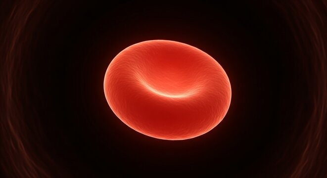 A 3D render of a single biconcave red blood cell (erythrocyte) floating in a dark, microscopic environment.
