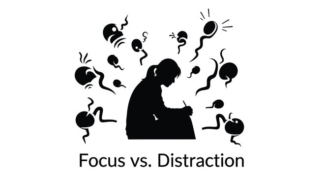 Silhouette of a woman writing surrounded by abstract shapes representing distraction