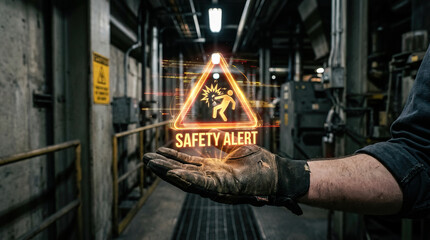 Fototapeta premium Safety alert warning sign industrial safety protective glove factory environment hazard symbol caution sign worker safety hand gesture safety equipment industrial workplace risk prevention safety