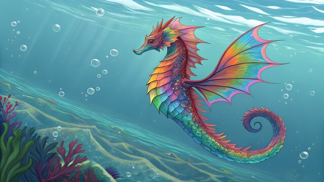 Vibrant seahorse dances through enchanted ocean depths, showcasing an array of colors in a serene underwater world filled with corals and bubbles ai, seahorse, underwater, ocean, colorful, coral, mari