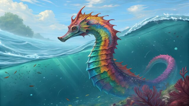 Vibrant sea serpent gliding gracefully through azure waves in a colorful underwater realm during a serene midday ai, sea, serpent, underwater, colorful, ocean, waves, coral, reefs, marine, life, seasc
