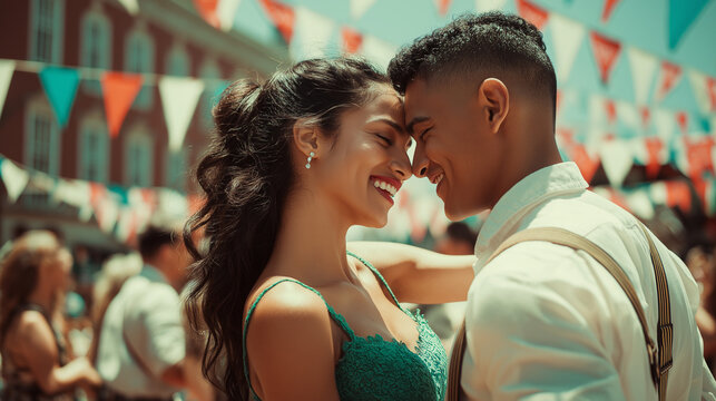 Woman and man embracing at summer festival. Romantic couple sharing intimate moment outdoors under bunting flags. Joyful celebration of love and togetherness during outdoor street party.
