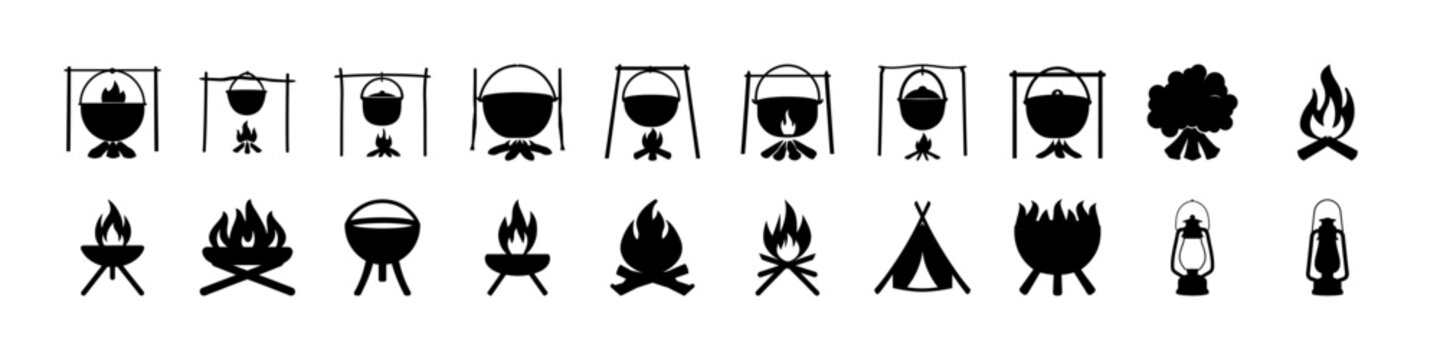 Camping Fire Pit and Outdoor Cooking Silhouette Set - Black silhouettes of camping grills, fire pits, campfires, tents, and outdoor cooking equipment forming a campsite and wilderness cooking icon col