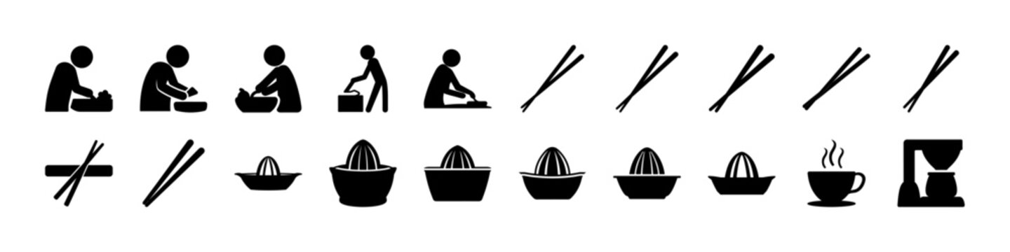 Fishing and Outdoor Cooking Silhouette Icon Set - Black silhouettes of fishing activities, rods, cooking pots, bowls, and campfire elements forming an outdoor fishing and camping icon collection.