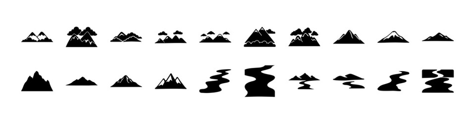 Fototapeta premium Mountain Landscape Silhouette Icon Set Collection - Black silhouettes of mountains, hills, and landscape shapes with valleys and winding paths, useful for nature, travel, hiking, and outdoor design gr