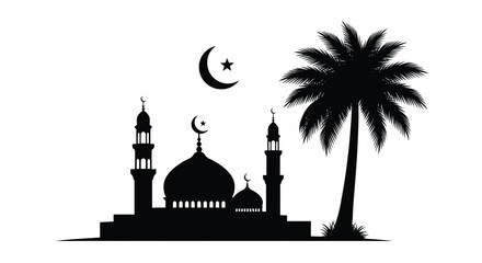A striking black silhouette depicts a mosque crescent moon star and a lush palm tree evoking islamic culture © Tushar02