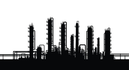 A striking silhouette depicts a complex industrial refinery landscape against a pure white background showcasing intricate pipelines high quality © Tushar02