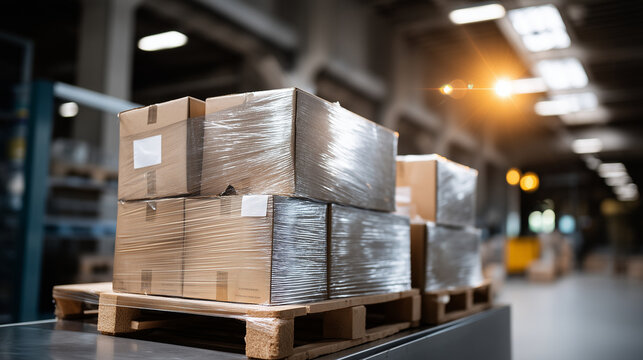 Neatly stacked pallet of shrink-wrapped food packages gleaming under industrial lights, ready for distribution in bustling warehouse, defocused background, with copy space
