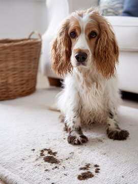 a white carpet in the living room has dark brown dog stains on it, and there is an happy mud dirty cocker spaniel sitting next to them. the scene captures the moment when dogs leav
