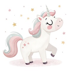 Naklejka premium Whimsical unicorn prancing among sparkling stars in a dreamy illustration with pastel colors ai, unicorn, stars, pastel, colors, illustration, magic, fantasy, joyful, cute, whimsical, horse, dancing, 