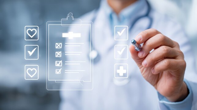 Doctor reviewing online medical checklist on digital tablet, smart healthcare documentation system in modern hospital, physician assessing patient care quality and treatment accuracy, professional cli