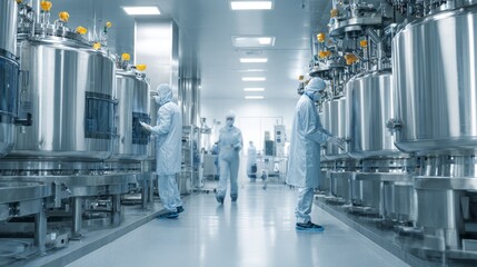 Pharmaceutical researchers working in sterile production facility with advanced laboratory equipment, cleanroom environment, and precision drug manufacturing process, highlighting science innovation, 