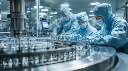 Pharmaceutical researchers working in sterile production facility with advanced laboratory equipment, cleanroom environment, and precision drug manufacturing process, highlighting science innovation, 