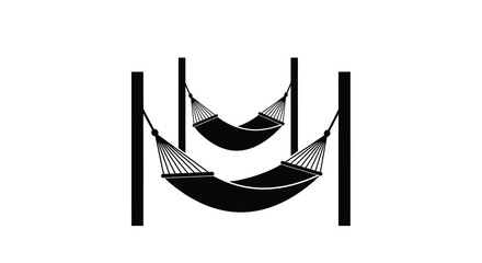 A minimalist black and white depiction showcases two hammocks suspended between sturdy upright posts evoking relaxation high quality professional detailed modern © Tushar02