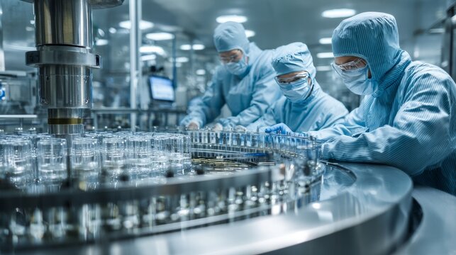 Pharmaceutical researchers working in sterile production facility with advanced laboratory equipment, cleanroom environment, and precision drug manufacturing process, highlighting science innovation, 